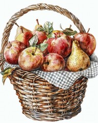 Fruit basket filled with apples and pears, adorned with leaves on a checkered cloth