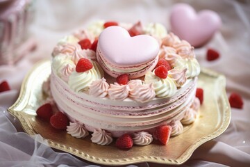 Romantic cream cake with large heart shaped french macaron on top. KI generiert, generiert, AI generated