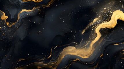 An abstract background featuring swirling gold paint or ink against a dark, textured black surface, with subtle gold specks or glitter adding to the luxurious feel.