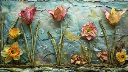 An abstract mixed media piece featuring textured 3D tulips and daffodils in pastels, AI generated