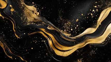 An abstract background featuring swirling gold paint or ink against a dark, textured black surface, with subtle gold specks or glitter adding to the luxurious feel.