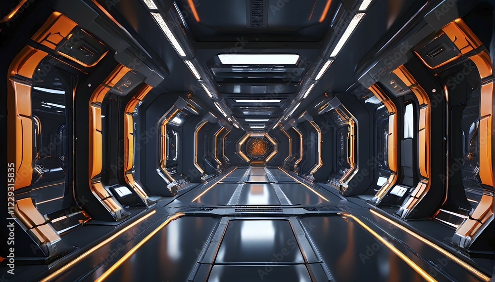Poster three dimensional render of futuristic corridor inside a spaceship or space station, ai generated