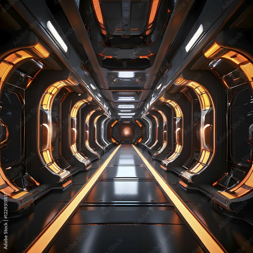 Poster three dimensional render of futuristic corridor inside a spaceship or space station, ai generated