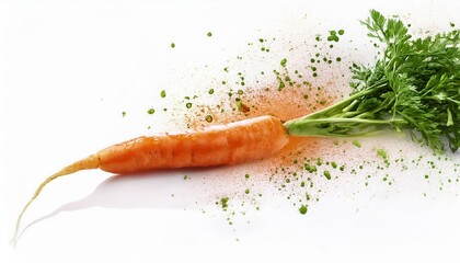 Vibrant carrot with fresh green leaves resting on a white surface surrounded by colorful splashes