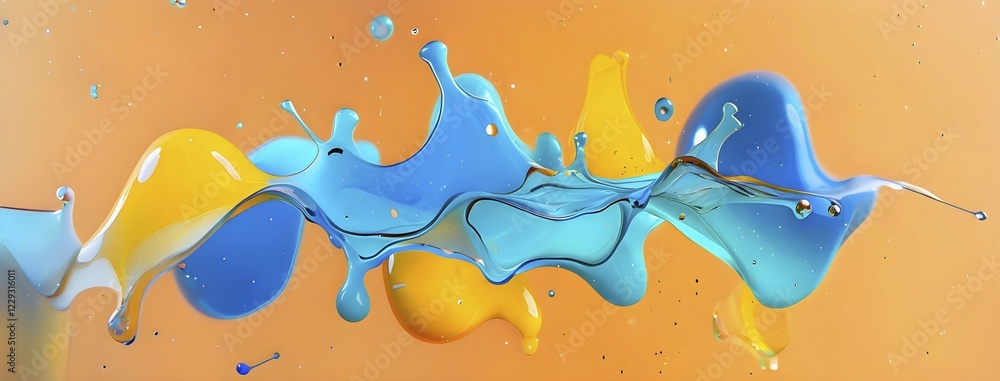 Poster abstract wallpaper with colorful turquoise and yellow blobs and liquid shapes on a orange background