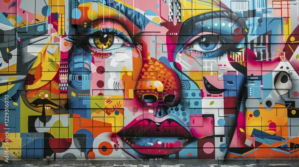 Poster a detailed and colorful mural featuring a face with geometric patterns and vibrant abstract elements