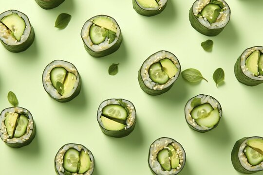 Top vie wof vegan sushi with vegetables on green background. KI generiert, generiert, AI generated