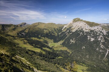Fototapeta premium Left Diedamskopf and right Hoher Ifen, view from Walmendingerhorn, lKleinwalsertal, Allgäu Alps, Vorarlberg, Austria, Europe