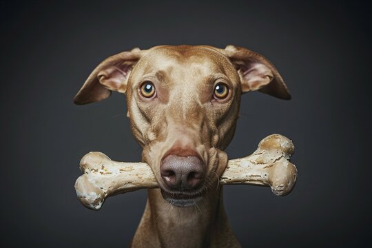 Portrait of cute dog holding large bone in mouth in front of dark background. KI generiert, generiert, AI generated