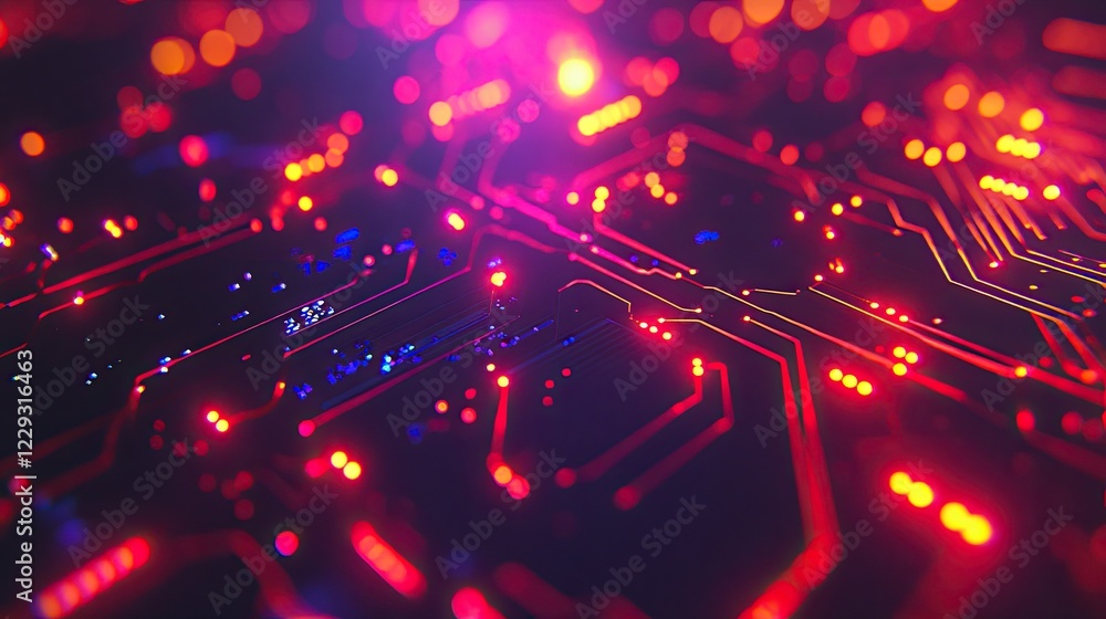 Poster close-up of a microchip on a circuit board, revealing intricate details and glowing connections