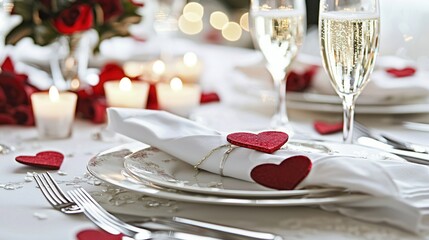 Romantic Valentine's Day Dinner Setting with Red Hearts and Champagne