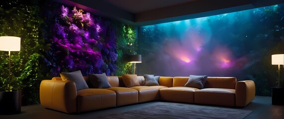 A cozy couch inviting restfulness placed adjacent to a vibrant living wall bursting with beauty