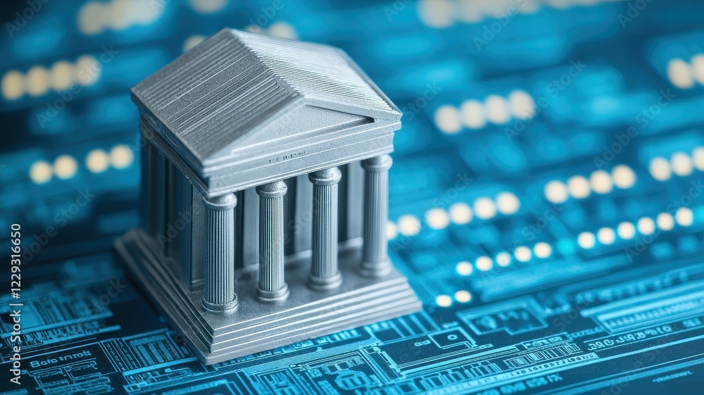 Poster a miniature building resembling a classical temple sits atop a blue circuit board, symbolizing the i
