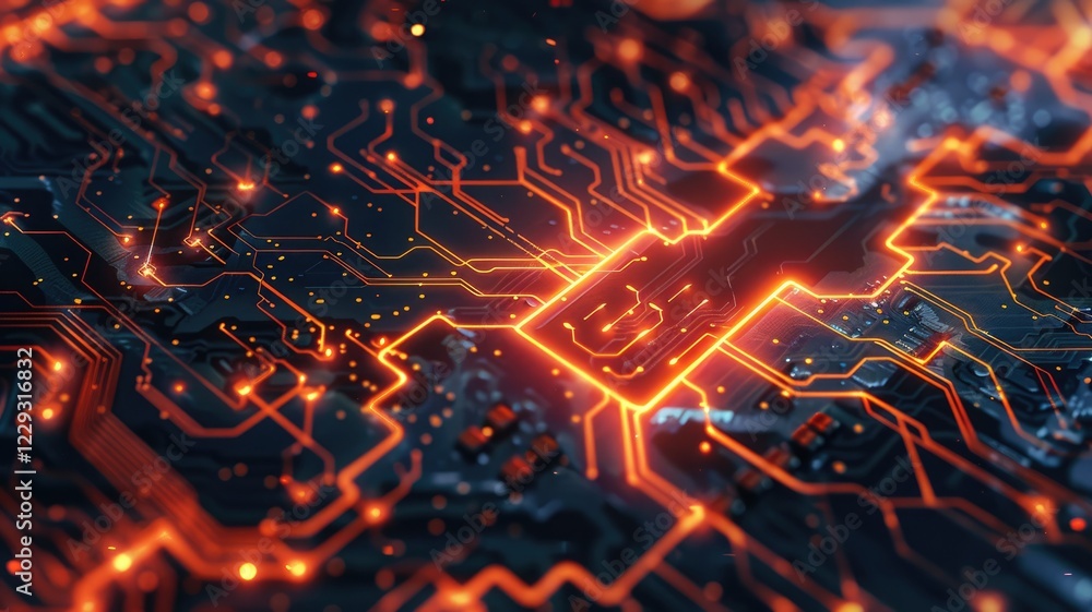 Poster a detailed view of an electronic circuit board features glowing circuitry and intricate designs. thi