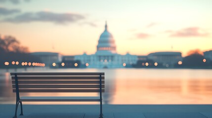 A serene view of a bench overlooking a reflecting pool with the iconic Capitol building in the background during sunset.