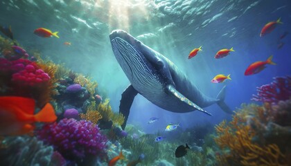 Fototapeta premium Ocean underwater scene with a whale diving among different colorful fish and coral reef. Generative Ai, AI generated