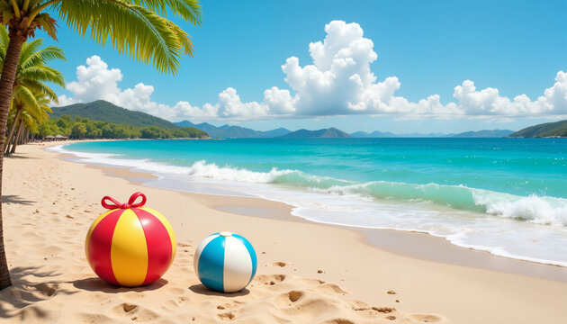 Colorful beach balls on sandy shore under sunny skies, summer fun