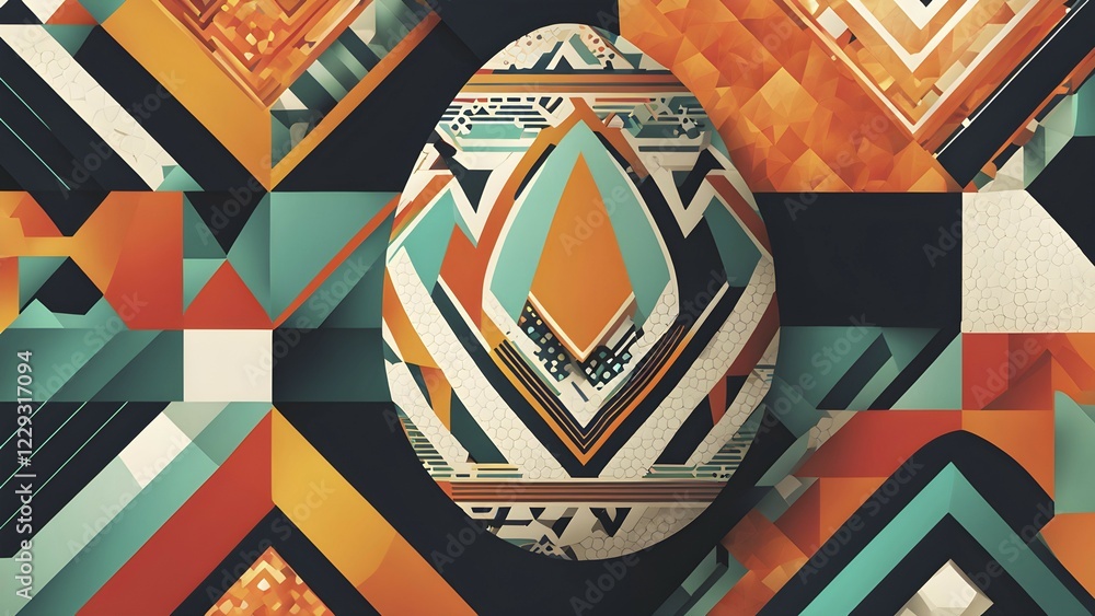 Poster abstract easter egg design with geometric patterns, bold colors, and a mix of textures, creating a m
