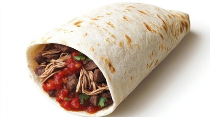 A traditional burrito with shredded beef and salsa, hyper-realistic 3D illustration, vibrant detail, isolated on white background