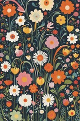 Playful abstract illustration of a spring garden with exaggerated, colorful floral forms, and swirling lines suggesting movement and growth, AI generated