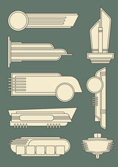 Streamline Moderne, Art Deco, Googie Style Signboards, 1920s, 1930s, 1940s, 1950s Shapes and Graphic Styles. Retro Signboards for Posters, Covers, Illustrations