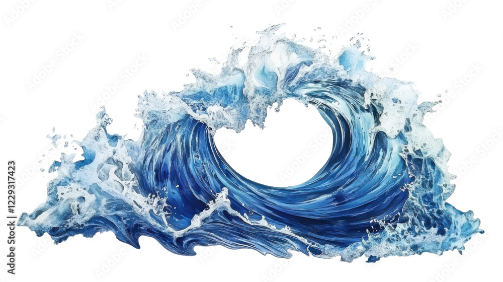Poster big blue ocean wave splashing with foam on transparent background. transparent background