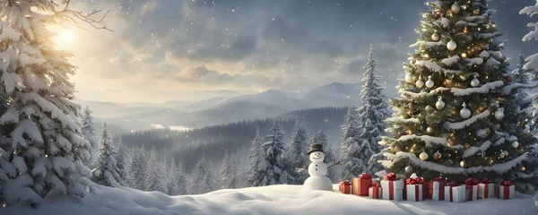 Gardinen Peaceful and serene Christmas scene with a decorated Christmas tree with gifts presents and a cute snowman in a snowy forest, AI generated © Stefan Schurr/imageBROKER