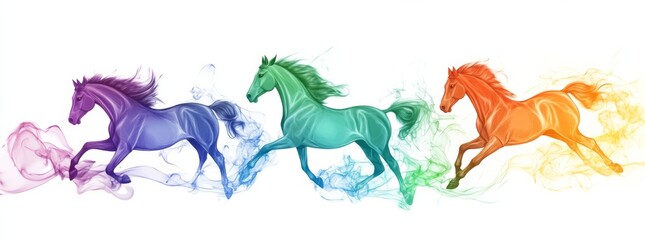 Three brightly colored horses were running. It features green, blue, purple, and orange smoke on a white background