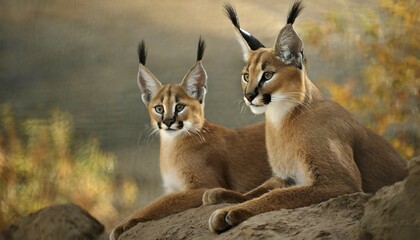 Fototapeta premium AI generated, animal, animals, mammal, mammals, biotope, habitat, two, female, young, foraging, wildlife, Africa, South Africa, Asia, Central Asia, steppes, cat, cats, predator, caracal, desert lynx, caracal caracal), lie on rocks and watch, Africa