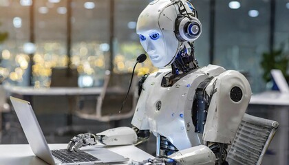 Fototapeta premium AI generated, A robot works in the call centre, call centre, artificial intelligence, software, update, test, new development, research laboratory, high tech, cable harnesses, open-plan office, desk, laptop, headset