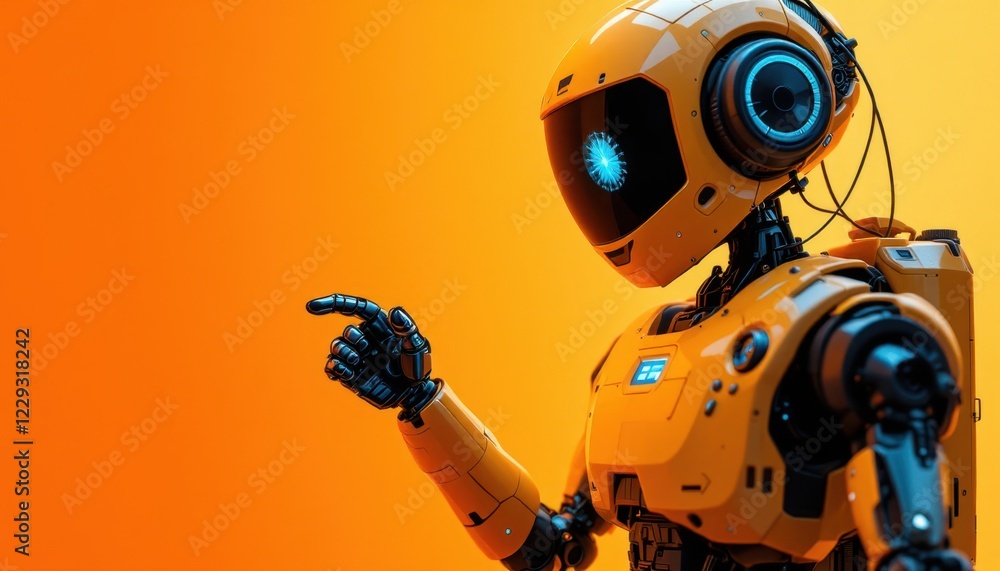 Poster orange robot with a modern design and a curious expression.