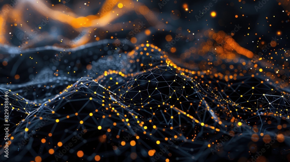 Poster a stunning conceptual visualization depicting a wireless mesh network, showcasing connectivity and d