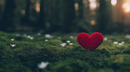A vibrant red heart on a lush green mossy floor, surrounded by delicate white flowers. Minimal Valentine and love concept with copy space.	