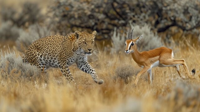 Leopard (Panthera pardus) in natural environment hunting a gazelle, AI generated