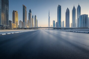 A serene cityscape featuring a smooth asphalt road and a towering bridge, surrounded by minimalist, reflective skyscrapers, captured during the early morning light.