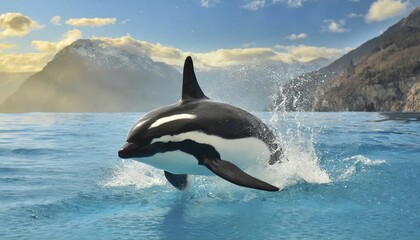 Fototapeta premium AI generated, animal, animals, mammal, mammals, biotope, habitat, one, individual animal, foraging, orca, orcas, killer whale, killer whales, live in all oceans, tropics, Antarctica, whale, killer whale, killer whale, killer whale, killer whale family, (Delphinidae), killer whale (Orcinus orca), Antarctica