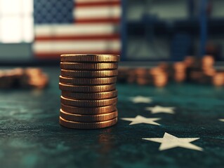 A stack of copper coins sits on a textured surface adorned with stars and an American flag backdrop, symbolizing finance and patriotism.