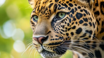 Obraz premium A close-up of a leopard with a focused and intense gaze, showcasing its distinctive rosette-patterned coat, sleek fur, and long white whiskers.