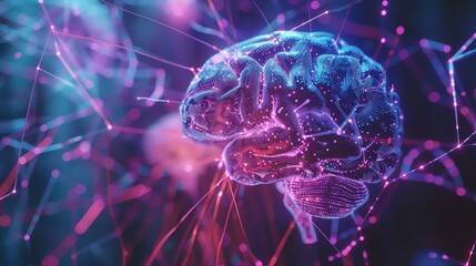 An abstract 3D rendering of a human brain, made of glowing dots.