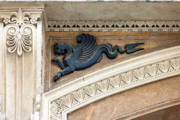 Decoration on facade tenement house, located at Masarykova street near Freedom Square, Brno, Czech Republic, Moravia