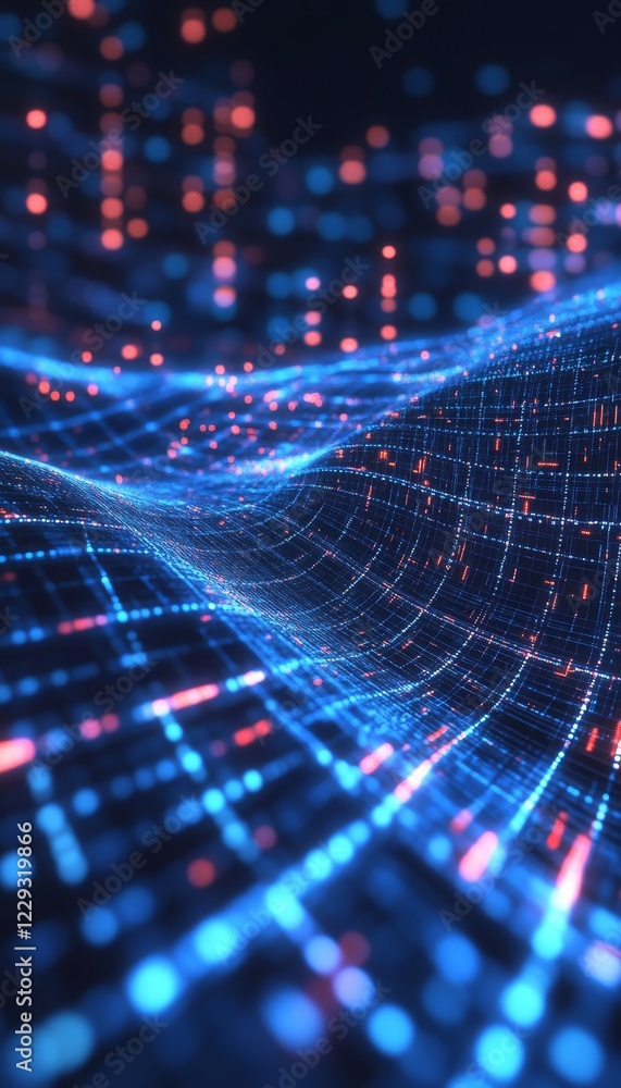 Poster futuristic flowing data abstract technology background with blue digital waves and binary code