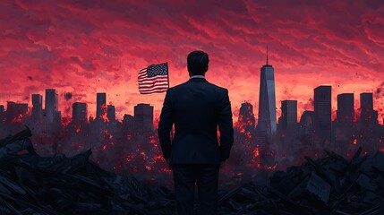 Fototapeta premium A man stands in a suit, gazing at a fiery skyline with an American flag, evoking themes of resilience amidst destruction.