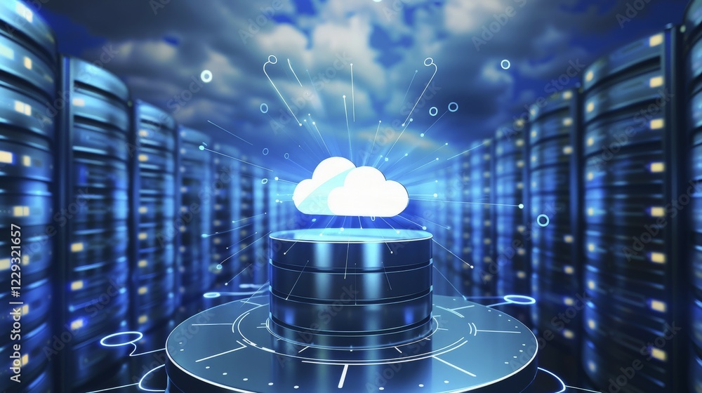Poster futuristic data center with a glowing cloud symbol denoting cloud computing, ai generated