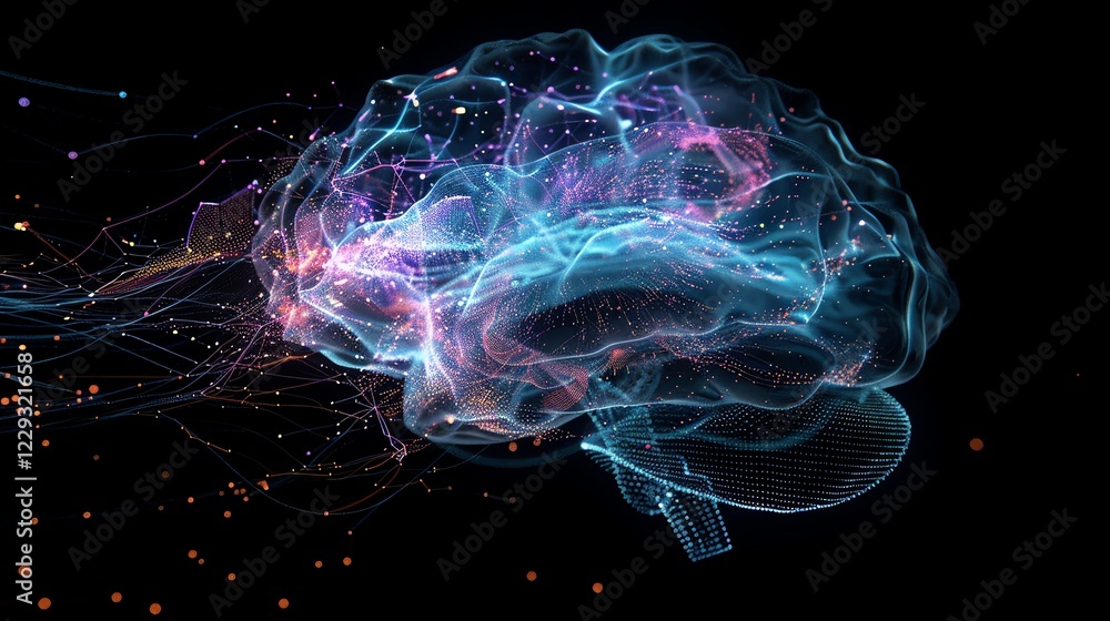 Aufkleber a digital rendering of a brain with glowing connections, abstract and colorful.