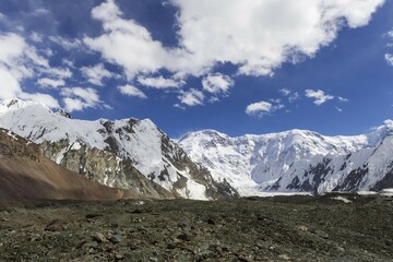 Fototapeta premium Pabeda-Khan Tengry glacier massif, View from Base Camp, Central Tien Shan Mountain Range, Border of Kyrgyzstan and China, Kyrgyzstan, Asia
