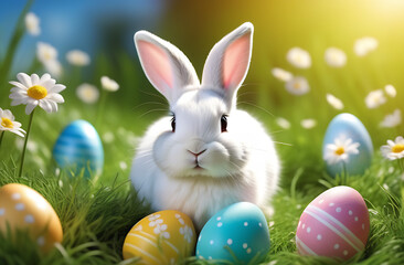 Fototapeta premium Cute easter bunny with eggs on green Grass
