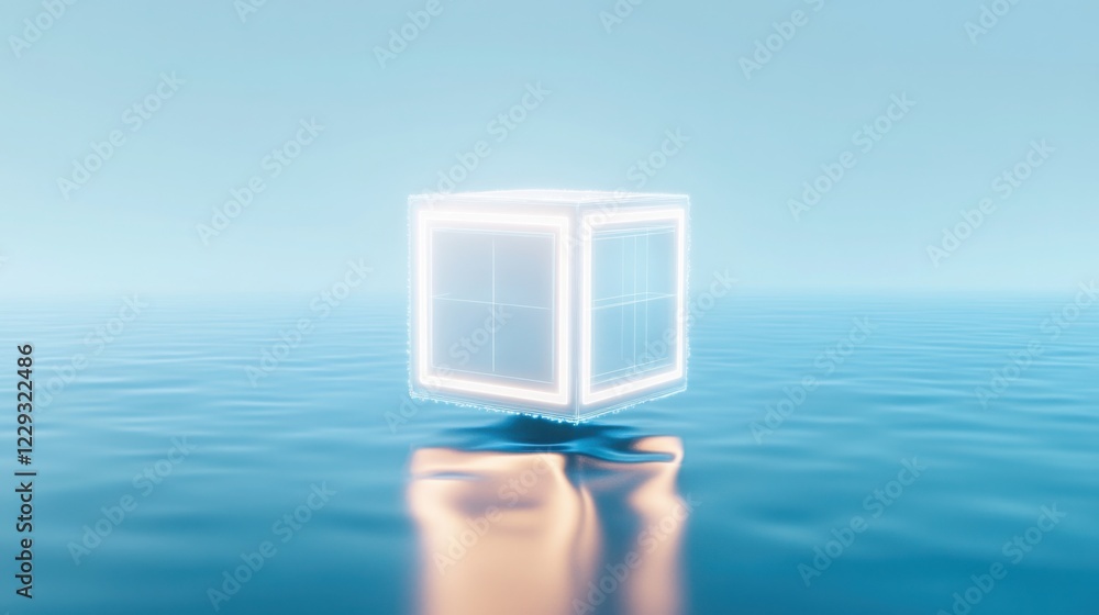 Poster optical illusion of a high-tech floating cube that appears to fragment into thousands of tiny glowin
