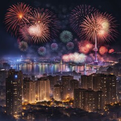 Obraz premium Fireworks display over a bustling city with tall buildings and a river reflecting the lights, AI generated