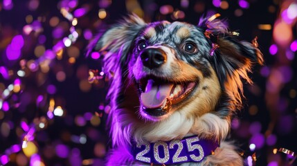 Joyful Australian Shepherd Dog in "2025" New Year’s Party Collar Surrounded by Purple and Silver Confetti and Party Streamers: Festive and Energetic Holiday Celebration.