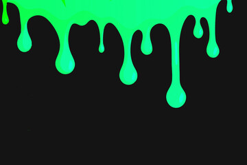 Green neon paint drops running down the white wall